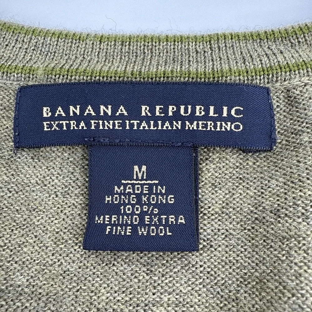 Banana Republic Sweater Men M Italian Merino Wool V Neck Olive Green Lightweight